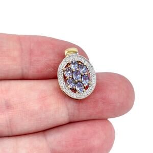 Oval Tanzanite Cluster Pendant | Cubic Zirconia | Gold Tone Sterling Silver 925